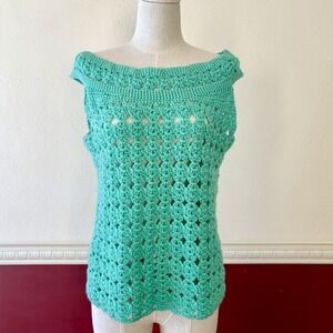 Vintage handmade crochet retro turquoise open weave‎ tank top